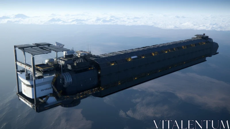 Black Spaceship in Space with Solar Panels and Clouds AI Image