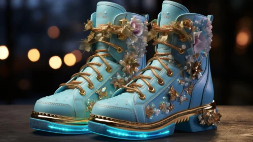 Blue and Gold Floral Leather Boots
