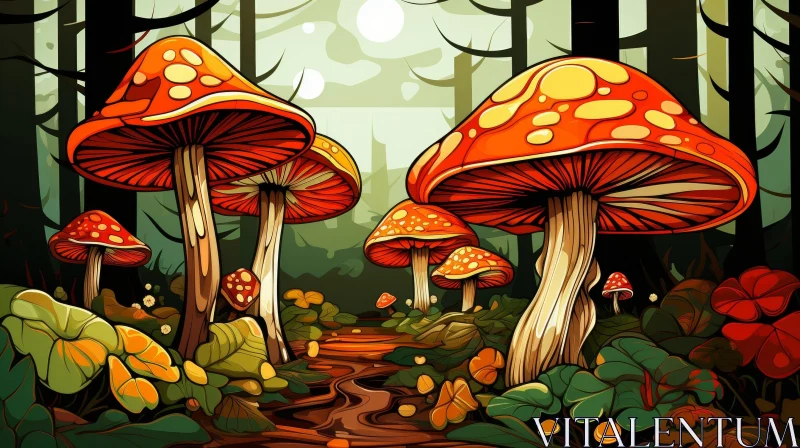 Enchanting Forest with Colorful Mushrooms AI Image