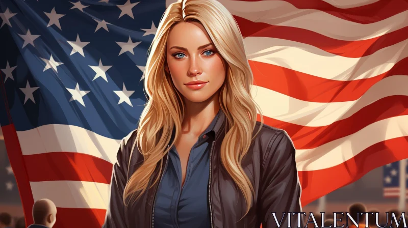 Serious Blonde Woman with American Flag AI Image