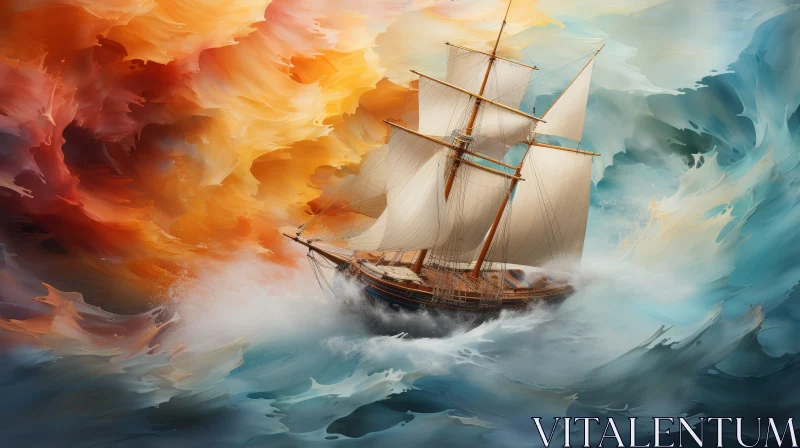 Ship in Stormy Sea Painting - Action and Drama AI Image