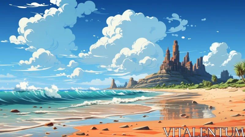 AI ART Tranquil Beach Landscape with Castle on Cliff