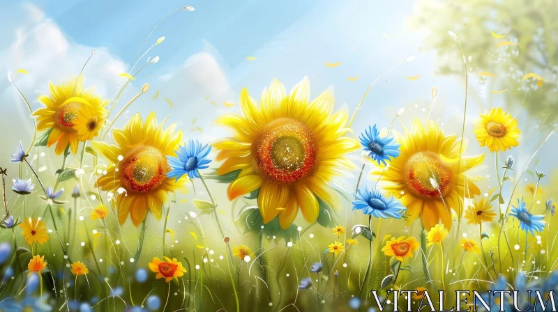 Tranquil Sunflower and Cornflower Field Landscape AI Image