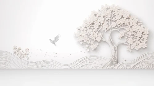 Ethereal White Tree and Flowers 3D Rendering