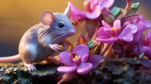 Gray Mouse on Moss-Covered Rock with Pink Flowers