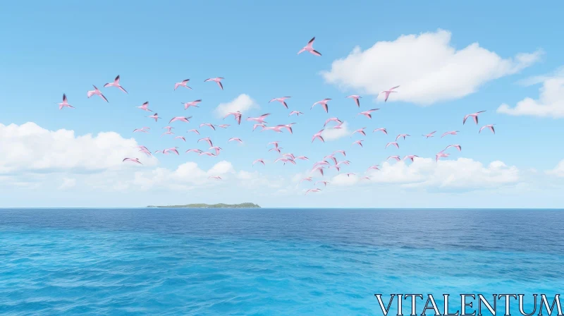 Pink Flamingos Flying Over Blue Ocean AI Image