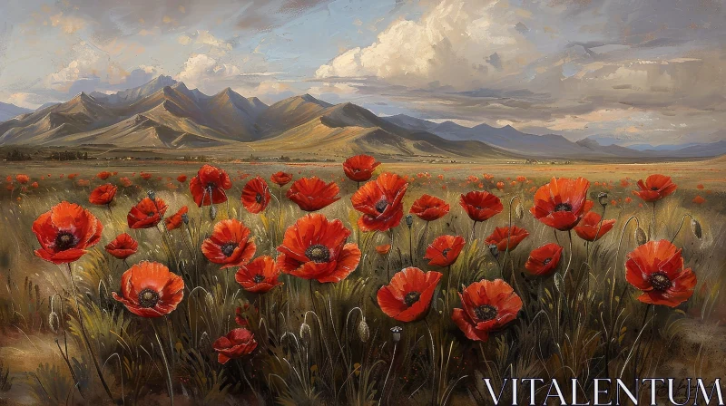AI ART Red Poppies Field Landscape Painting with Mountain View