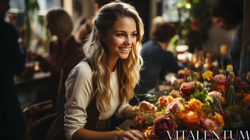 Smiling Woman Arranging Flowers in Vase AI Image