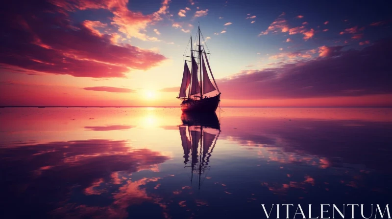 AI ART Tranquil Sunset Scene with Sailing Ship