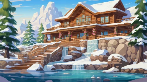 Winter Wonderland: Cozy Cabin Amidst Snowy Mountains and Frozen Lake