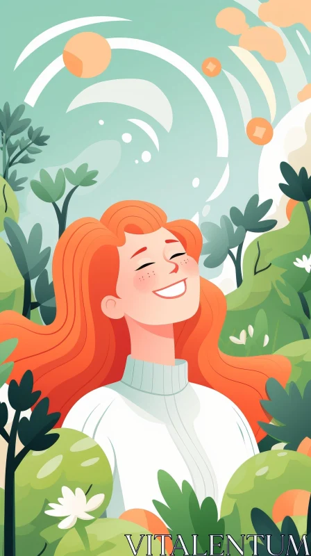 Young Woman Cartoon Illustration in Lush Green Forest AI Image