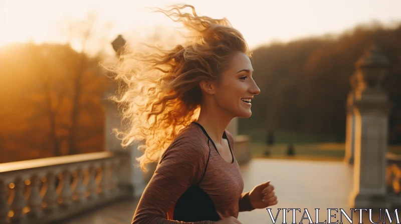 Young Woman Running at Sunset in Park AI Image