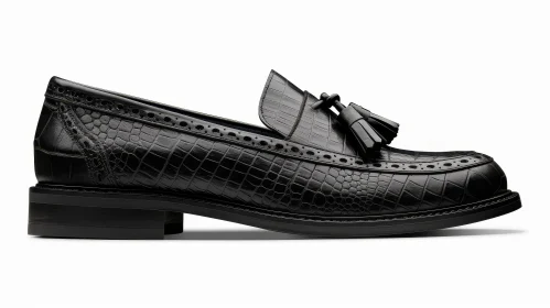 Black Leather Loafers with Tassels | Crocodile-Embossed | Fashion