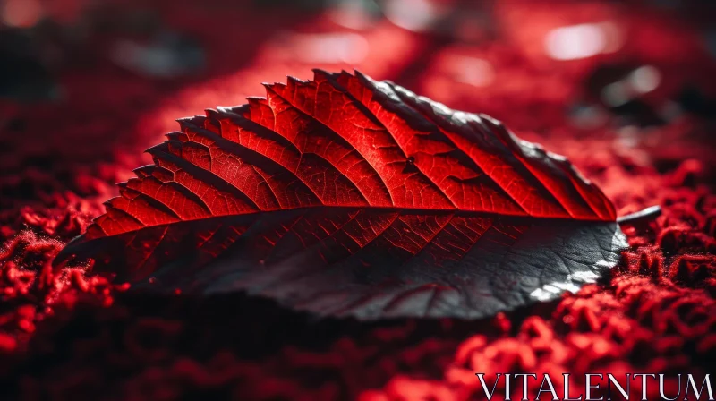 Detailed Red Leaf Close-up on Red Background AI Image