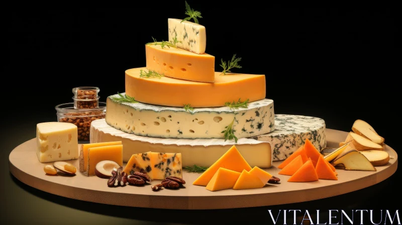 Exquisite Cheese Arrangement on Wooden Board AI Image