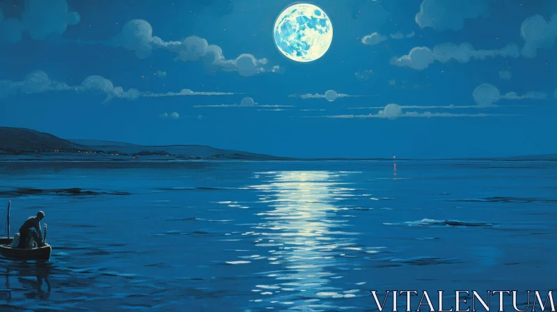 Night Seascape Painting with Moonlight and Boat AI Image