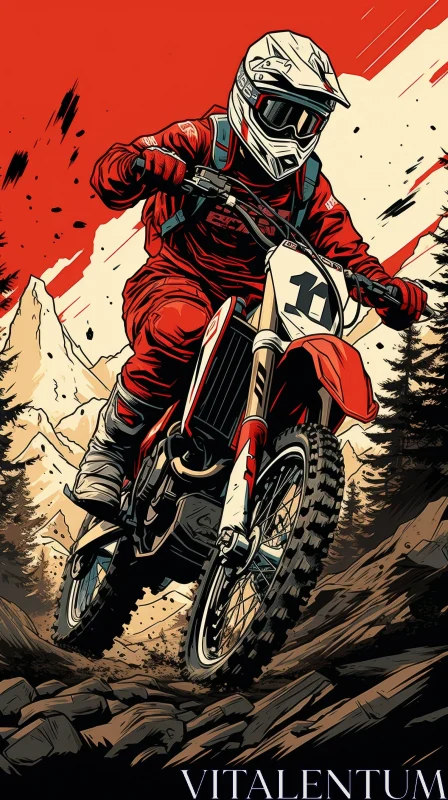 AI ART Red Dirt Bike Rider in Forest Jumping Illustration