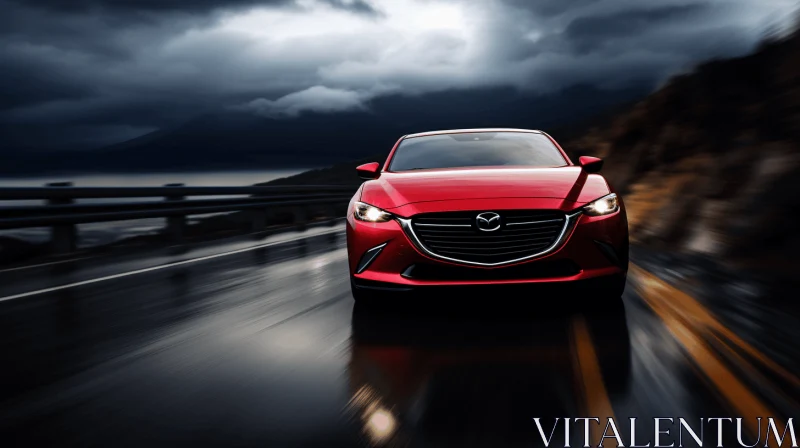 Red Mazda Driving Through Stormy Day with Dynamic Lighting AI Image