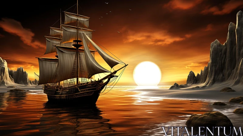 AI ART Ship Sailing on Calm Sea at Sunset Painting
