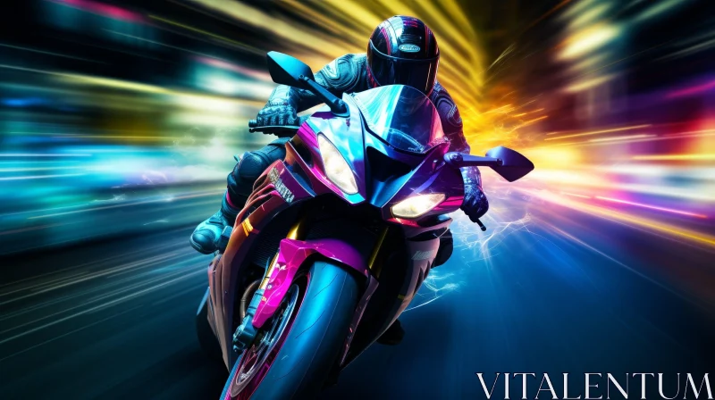 Sporty Motorcyclist on Purple and Pink Bike AI Image
