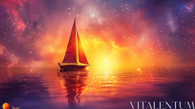 Tranquil Sailboat Painting on Calm Sea at Sunset AI Image