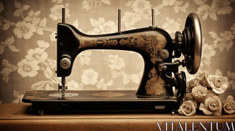 AI ART Vintage Sewing Machine on Wooden Table with Roses