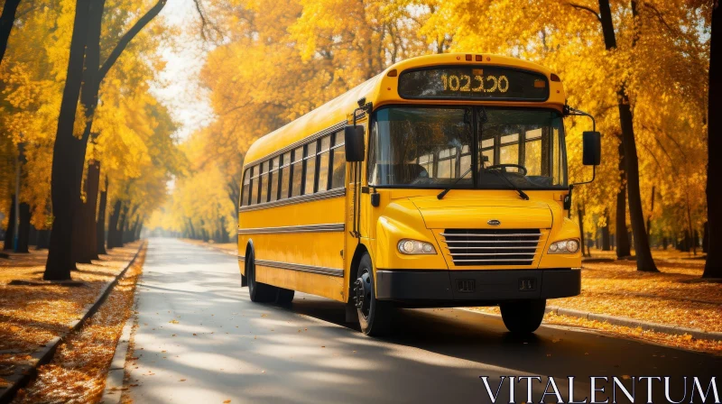 Autumn School Bus Driving Through Colorful Tree-Lined Road AI Image