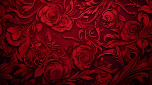 Elegant Red Floral Pattern: Detailed Roses & Leaves