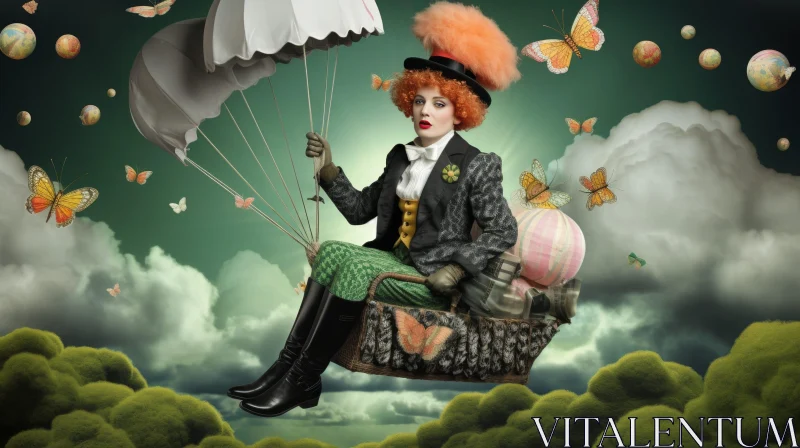 Enigmatic Steampunk Woman in Surreal Hot Air Balloon Scene AI Image