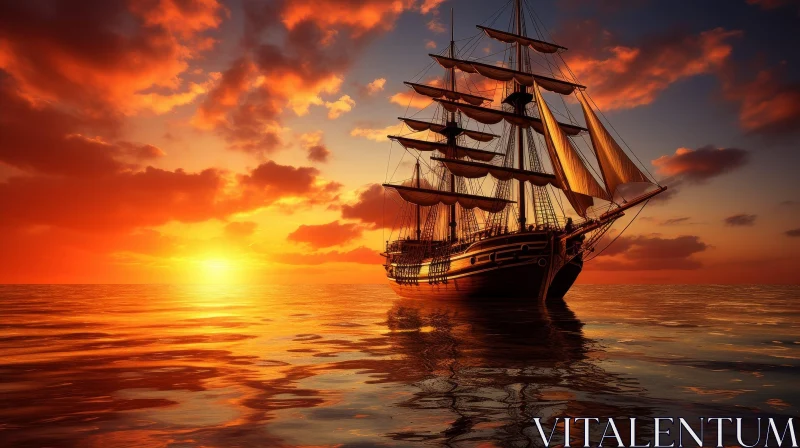 AI ART Majestic Tall Ship Sailing at Sunset on Calm Sea