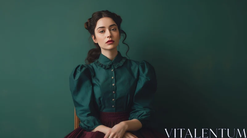 Serious Young Woman in Green Blouse and Burgundy Skirt AI Image