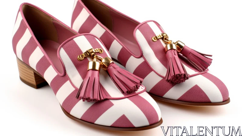 AI ART Stylish Pink and White Striped Women's Loafers with Tassels