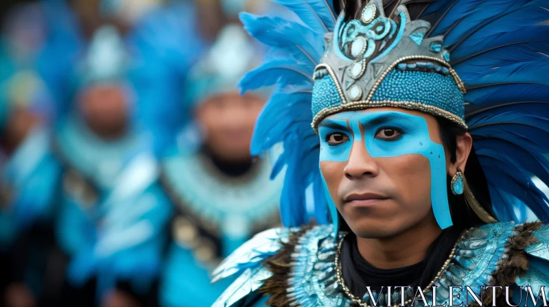 Traditional Mexican Male Dancer in Blue Feathers Costume AI Image