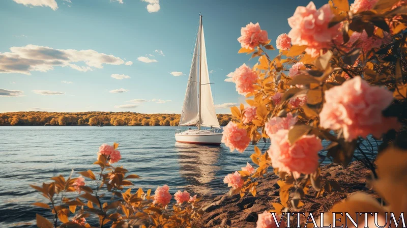 Tranquil Sailboat on Lake with Fall Trees and Pink Flowers AI Image
