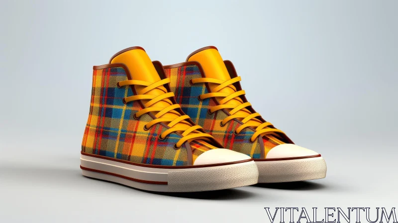 Trendy High-Top Sneakers with Yellow and Blue Plaid Pattern AI Image