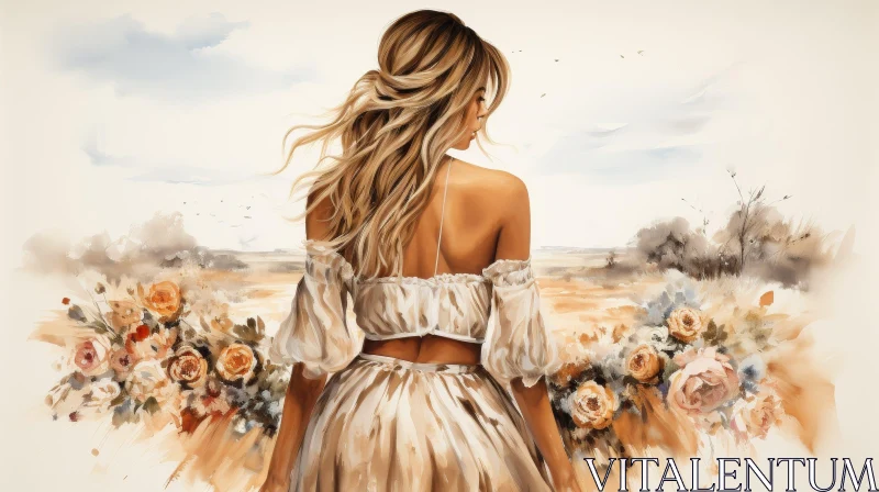 Woman in Field of Flowers Watercolor Painting AI Image