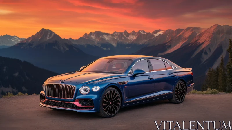 Blue Bentley Flying Spur: Luxury Car on Mountain Road AI Image