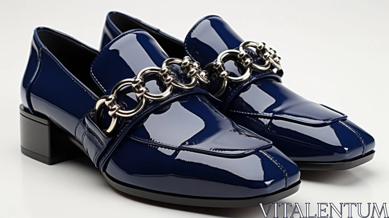 Blue Leather Loafers with Gold Chain Detail AI Image