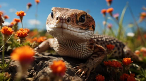 Brown and White Lizard on Rock in Flower Field