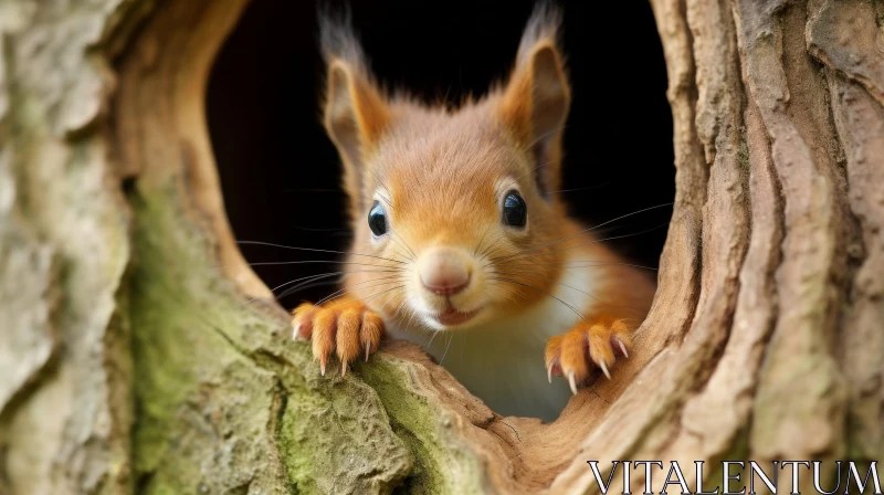 Curious Red Squirrel Peeking from Tree Hole AI Image