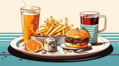 Delicious Burger and Fries Meal in a Cartoon Style
