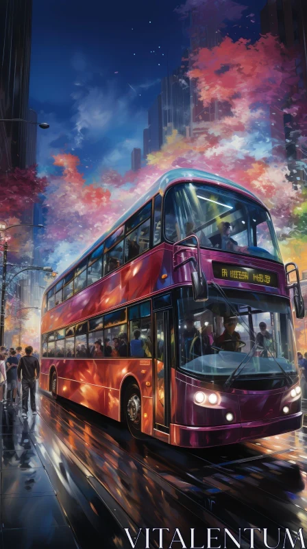 Double-Decker Bus Cityscape Painting - Urban Street Scene Art AI Image