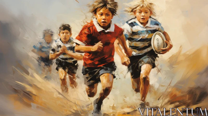 AI ART Dynamic Boys Rugby Painting in Rural Setting