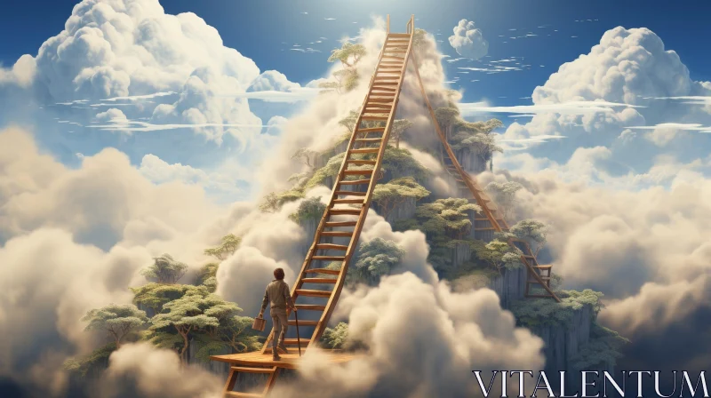 Ethereal Surrealism: Man Climbing Wooden Ladder to Heaven AI Image