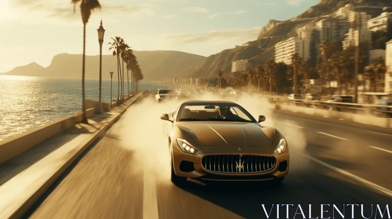 Gold Sport Car Racing on a Scenic Highway with Mountain View AI Image