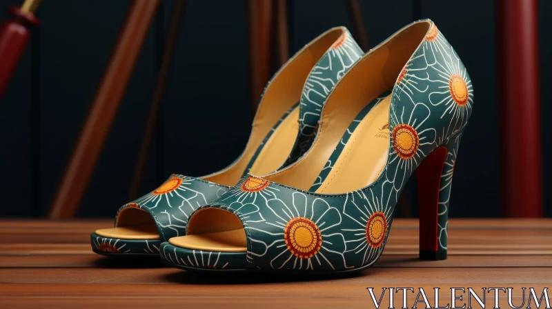 AI ART Green Floral Pattern High-Heeled Leather Shoes