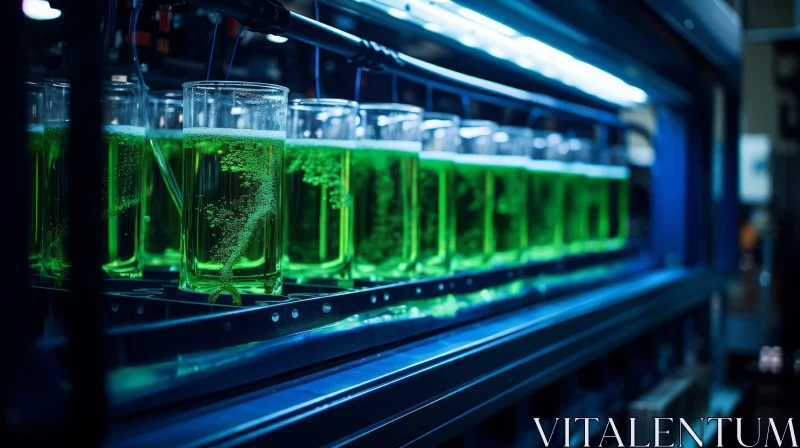 AI ART Green Liquid Glass Beakers in Blue-lit Room
