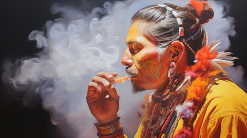 Native American Man Smoking Pipe - Traditional Headdress Portrait