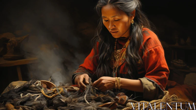 AI ART Native American Woman Crafting in Traditional Attire