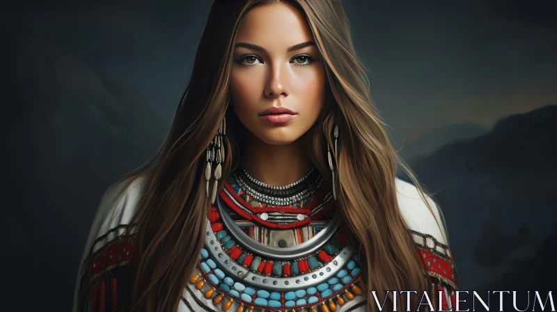 Native American Woman Portrait in Mountain Landscape AI Image
